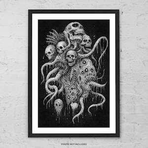 May include: A black and white art print depicting a monstrous creature made of skulls, tentacles, and organic shapes. The detailed artwork has a dark, gothic style. The print is framed in a black frame.