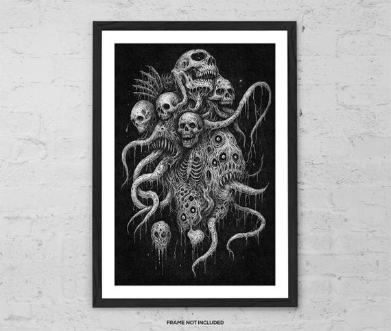 Nyxophage Horror Art Print – Gothic Skull Monster Poster, Tentacle Creature Wall Decor, Dark Art for Metalheads, Halloween, Tattoo Studios