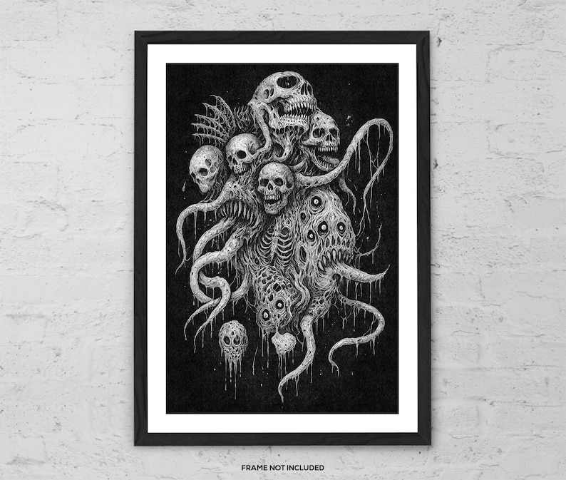 May include: A black and white art print depicting a monstrous creature made of skulls, tentacles, and organic shapes. The detailed artwork has a dark, gothic style. The print is framed in a black frame.