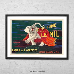 May include: A vintage French cigarette advertisement featuring a white elephant wearing a red and orange shawl, with the text "JE NE FUME QUE LE NIL" and "PAPIER A CIGARETTES JOSEPH BARDOU & FILS".