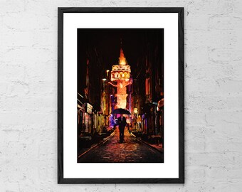 Galata - Art Print - Street Illustration Poster - Istanbul Wall Art - Modern Wall Decor - Night Street Digital Painting - Home Decor Gifts