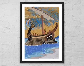 The Ship of Odysseus by François-Louis Schmied – Art Print – Greek Mythology Wall Art, Ancient Ship Poster, Nautical Odyssey Home Decor
