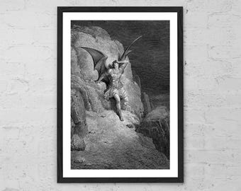 The Fall of Satan by Gustave Doré | Art Print | Paradise Lost Illustration | John Milton Art Poster | Gothic Wall Art | Vintage Engraving