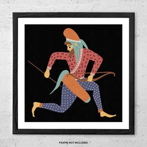 May include: Artwork depicting a running figure with a bow and arrow. The figure is dressed in a red patterned tunic, blue dotted trousers, and an orange hat. The background is black, and the image is framed.