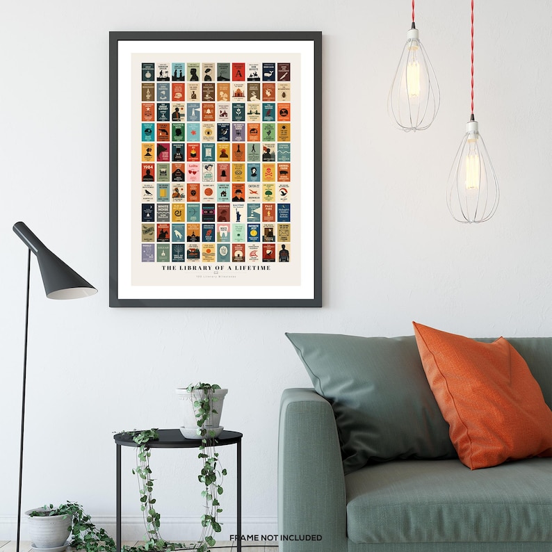 May include: A black framed poster with a white background and colorful book covers. The poster is titled "The Library of a Lifetime".