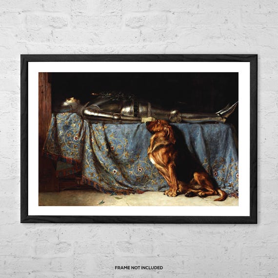 Requiescat by Briton Riviere – Art Print – Dog Mourning Knight Painting – Gothic Medieval Poster – Victorian Emotional Wall Art Decor