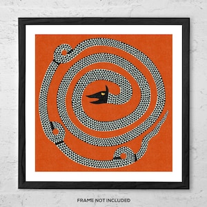 May include: A framed art print featuring a stylized illustration of a black and white snake in a spiral pattern against an orange background. The snake has a black head with a yellow eye. The frame is black, and the text "FRAME NOT INCLUDED" is at the bottom.