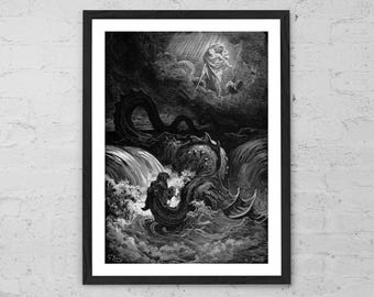 Destruction of Leviathan by Gustave Doré – Biblical Sea Monster Print | Mythological Art Poster | Dark Romantic Wall Decor