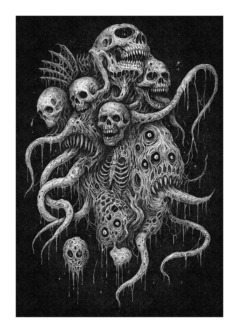 May include: A detailed monochrome illustration of a monstrous entity, featuring multiple skulls, tentacles, and a central mass with numerous eyes. The artwork has a dark, gothic theme.