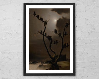 Fantasmas en un árbol de Franz Sedlacek: lámina de surrealismo gótico, póster de terror vintage, decoración de pared de fantasía oscura para el hogar o Halloween.