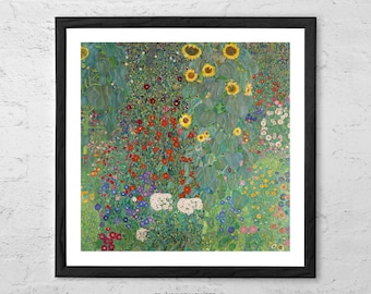 Farm Garden with Sunflowers by Gustav Klimt – Floral Wall Art Print, Vibrant Botanical Poster, Fine Art Reproduction