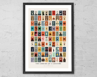 Könnte beinhalten: Ein schwarz-weißes Poster mit einem bunten Raster von Buchumschlägen. Das Poster trägt den Titel "The Library of a Lifetime: The 100 Novels", und der Rahmen ist nicht im Lieferumfang enthalten.