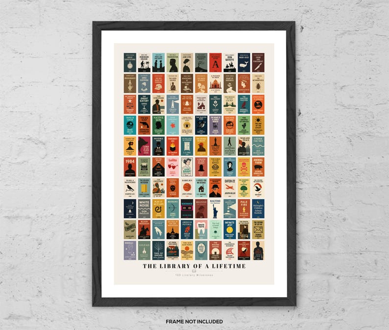 May include: A black and white poster with a colorful grid of book covers. The poster is titled "The Library of a Lifetime: The 100 Novels", and the frame is not included.