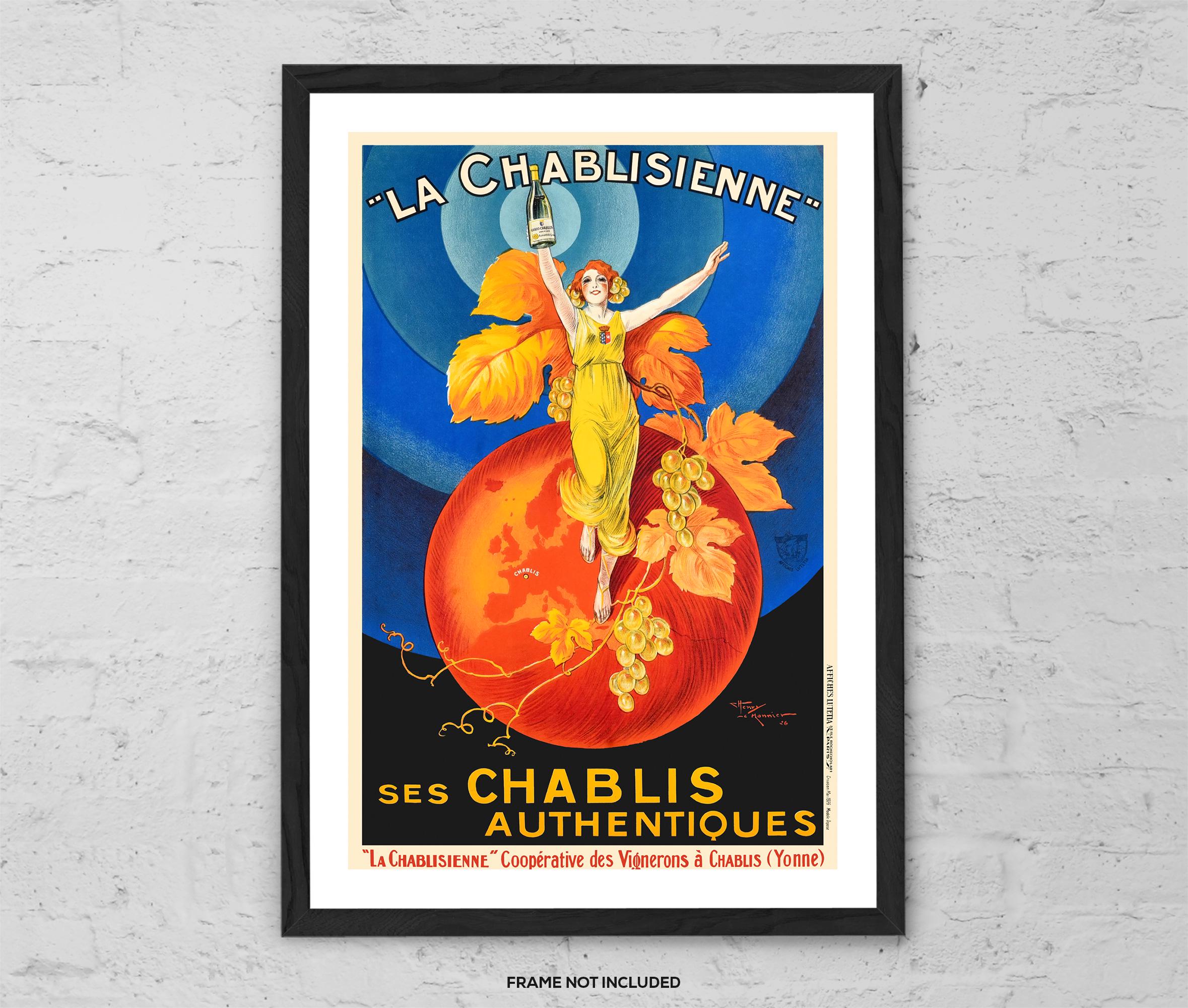 Vintage French Wine Advertising Art Print – Art Deco Woman with Grapes Wall Art Poster – Retro Kitchen or Wine Bar Decor