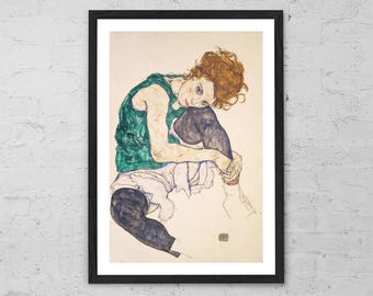 Zittende vrouw met gebogen knieën door Egon Schiele – Expressionistische figuratieve kunstdruk - Modern Home Decor cadeau