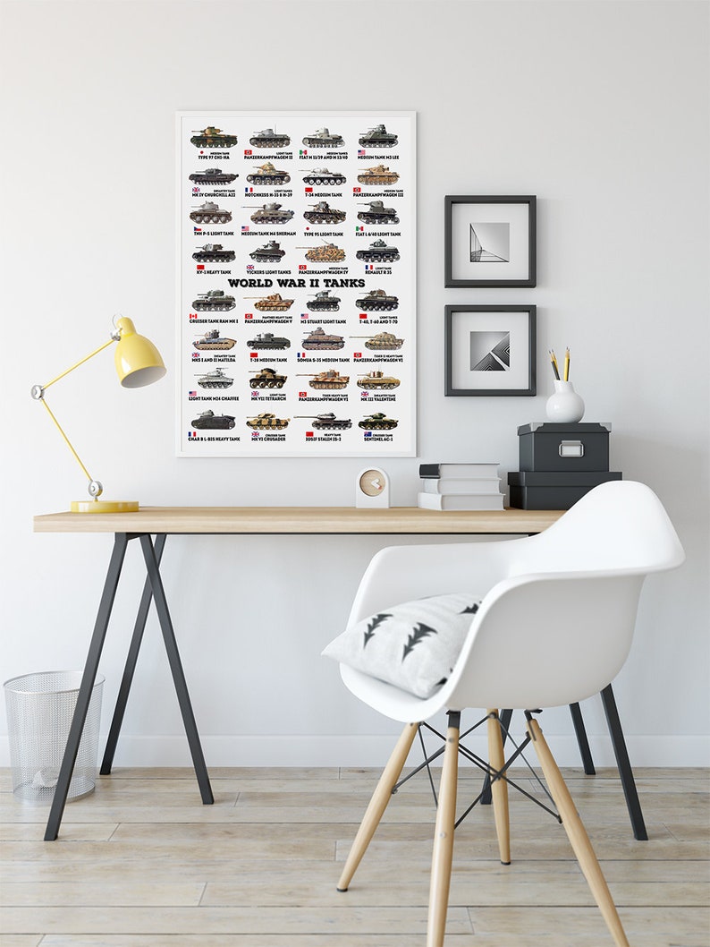 May include: A black and white poster with illustrations of different tanks from World War II. The poster is titled "World War II Tanks" and lists the name of each tank and its country of origin. The poster is hanging on a white wall above a desk with a lamp, a chair, and a trash can.