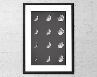 Fases Lunares - Lámina - Arte mural de las fases lunares - Póster de fases lunares - Póster lunar - Impresión de fases lunares - Decoración celestial - Lámina lunar