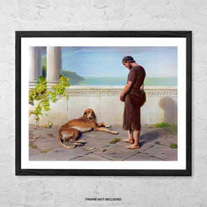 May include: Framed print of a classical painting depicting a man and a dog on a terrace overlooking the sea. The man, in brown robes, stands looking down at the dog. The dog is lying down. The background includes columns, greenery, and a blue sky.