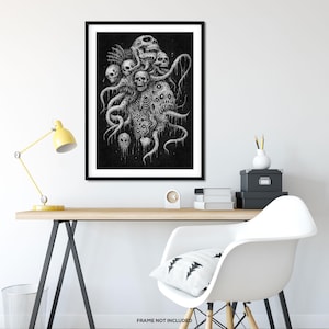 May include: Framed black and white art print with a detailed illustration of skulls and tentacles. The artwork has a dark, gothic theme. The phrase "FRAME NOT INCLUDED" is printed at the bottom of the image.