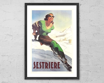 Sestriere - Art Print - Retro Italian Alps Ski Wall Art - Vintage Classic Winter Sports Travel Poster - Stylish Mid-Century Wall Decor