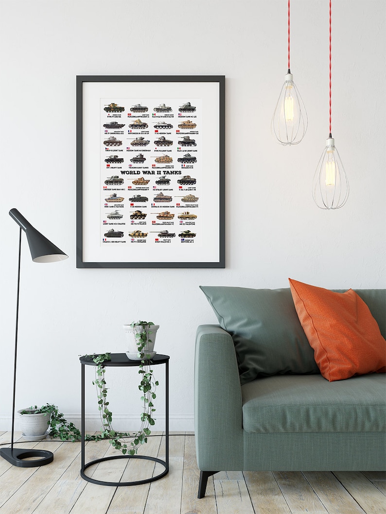 May include: A black framed poster with a white background featuring a chart of World War II tanks. The chart includes the name and country of origin for each tank. The poster is hanging on a white wall in a living room setting.