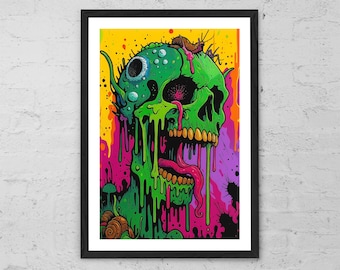 Dripocalypse – Art Print – Neon Zombie Skull Poster, Psychedelic Horror Art, Dripping Skull Wall Decor, Bold Creepy Artwork, Goth Gift