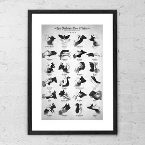May include: A black and white poster titled "Les Ombres Des Mains" with illustrations of hand shadow puppets. The poster shows 24 different hand shadow puppets, including a bird, a dog, a rabbit, and a goose.