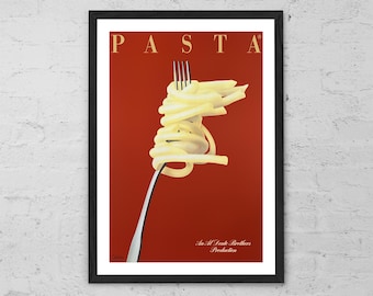 Razzia Pasta – Art Print – Retro Italian Food Poster, Fork and Pasta on Red, Kitchen Wall Decor, Gourmet Gift, Culinary Pop Art Illustration
