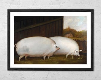 A Pair of Pigs Vintage Art Print – Rustic Farm Animal Poster, English School Painting, Country Kitchen Wall Art, Pig Lover Gift