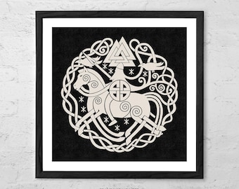 Sleipnir Norse Mythology Art Print – Viking Knotwork Wall Decor with Odin, Valknut, Ravens – Nordic Pagan Poster
