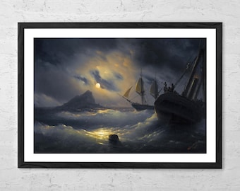 Gibraltar by Night - Ivan Aivazovsky - Art Print - Stormy Sea with Sailing Ships Poster - Marine Painting - Night Seascape Wall Art Gift