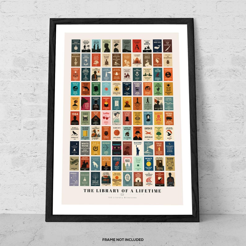 May include: A poster titled "The Library of a Lifetime" featuring a grid of 100 book covers in various colors and styles. The book covers are arranged in a grid pattern and feature a variety of genres, including fiction, non-fiction, and classics.