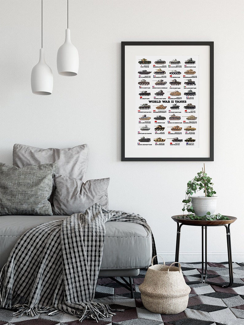 May include: A black framed poster with a white background featuring a chart of World War II tanks. The poster includes the name of each tank and the country it was from. The poster is hanging on a white wall in a living room setting.