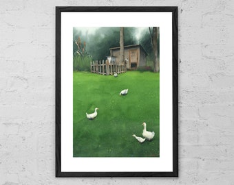 Una passeggiata - Dipinto di paesaggio ad acquerello - Stampa di paesaggio ad acquerello - Arte Moody - Decorazione per la casa - Arte murale - Decorazione cottage - Paesaggio di campagna