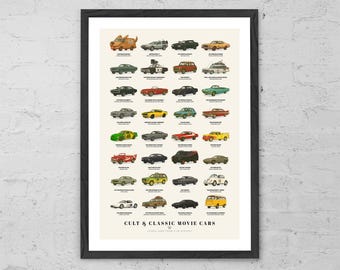 Cult & Classic Movie Cars - Art Print - Iconic Film Cars Poster - Retro Car Wall Art - Gift for Movie Buffs - Classic Car Illustration