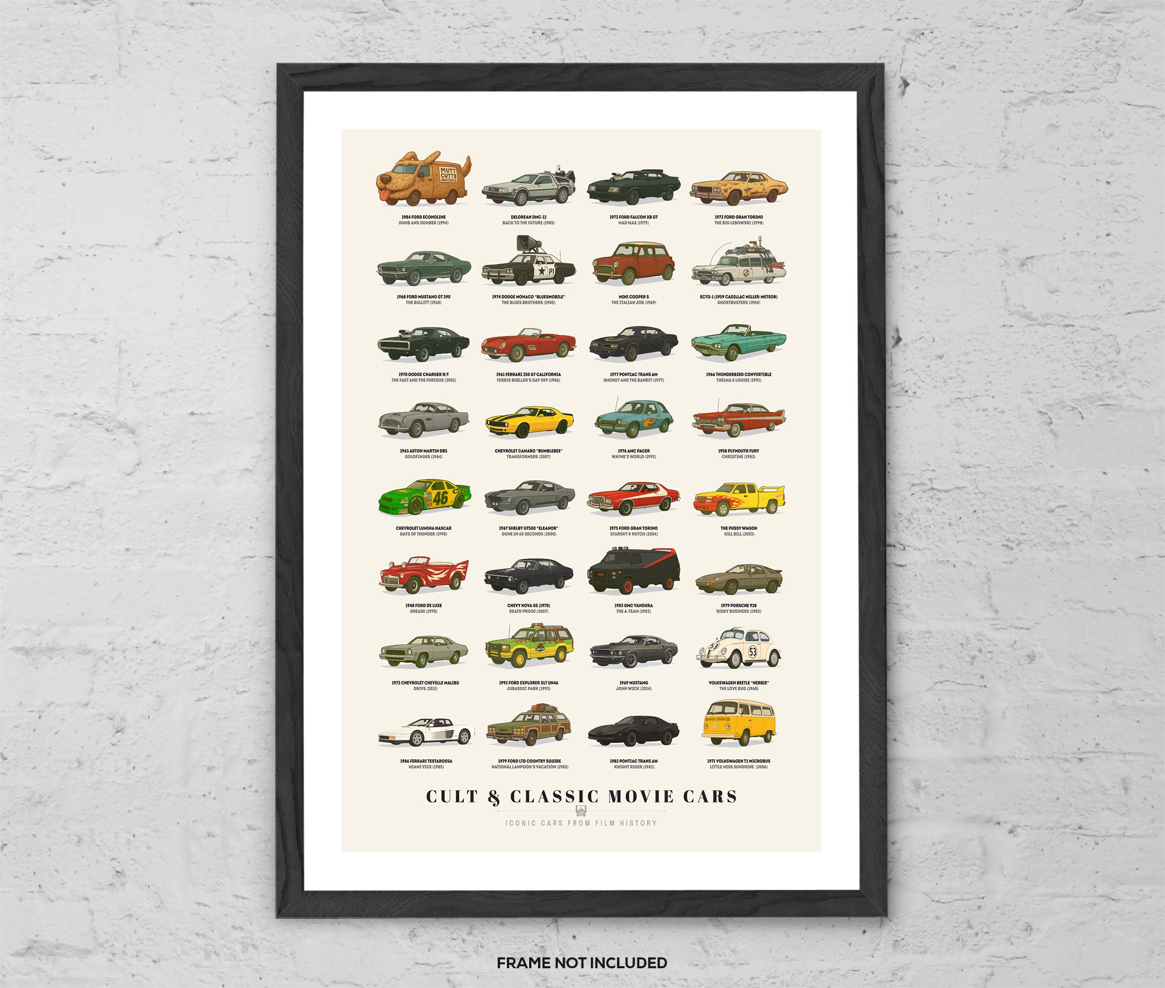 Cult & Classic Movie Cars - Art Print - Iconic Film Cars Poster