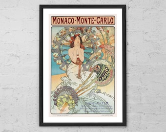 Monaco Monte-Carlo by Alphonse Mucha – Art Print – Vintage Art Nouveau Wall Art, French Riviera Travel Poster