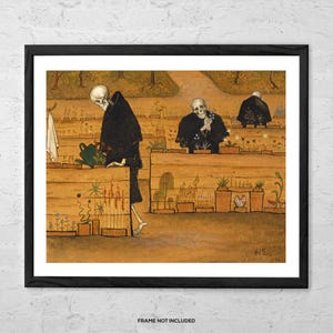 May include: Framed art print featuring a whimsical illustration of skeletons tending a garden. The skeletons wear black cloaks and are depicted watering plants and tending to the garden beds. The artwork has a vintage aesthetic with a muted color palette.