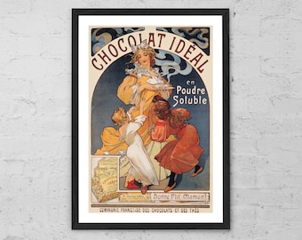 Chocolat Idéal autorstwa Alphonse’a Muchy – druk artystyczny – plakat w stylu francuskiej secesji w stylu vintage, grafika ścienna w stylu retro w kuchni i kawiarni, klasyczna reklama w Paryżu
