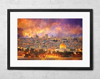 Jerusalem Skyline Painting Fine Art Print Ancient Religious Historical City Poster Home Decor Israel Cityscape Wall Art Modern Travel Gifts