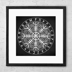 May include: Black and white print of a Norse Vegvisir symbol with runes surrounding the compass. The symbol is a stylized compass with four arms and a central circle. The runes are arranged in a circle around the symbol.