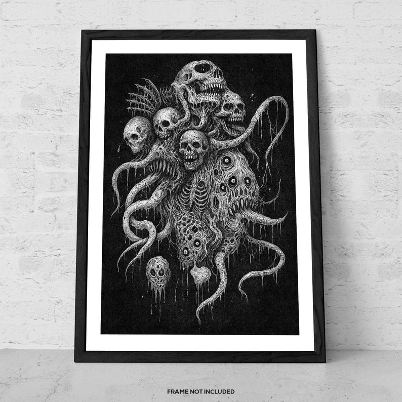 May include: Framed black and white art print depicting a detailed illustration of a monstrous entity made up of skulls, tentacles, and multiple eyes. The artwork has a dark, gothic style. The text "FRAME NOT INCLUDED" is at the bottom.