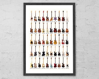 May include: A poster showcasing a collection of 48 different bass guitars. The guitars are arranged in rows and come in a variety of colours and styles. The poster includes the text "FRAME NOT INCLUDED" at the bottom.