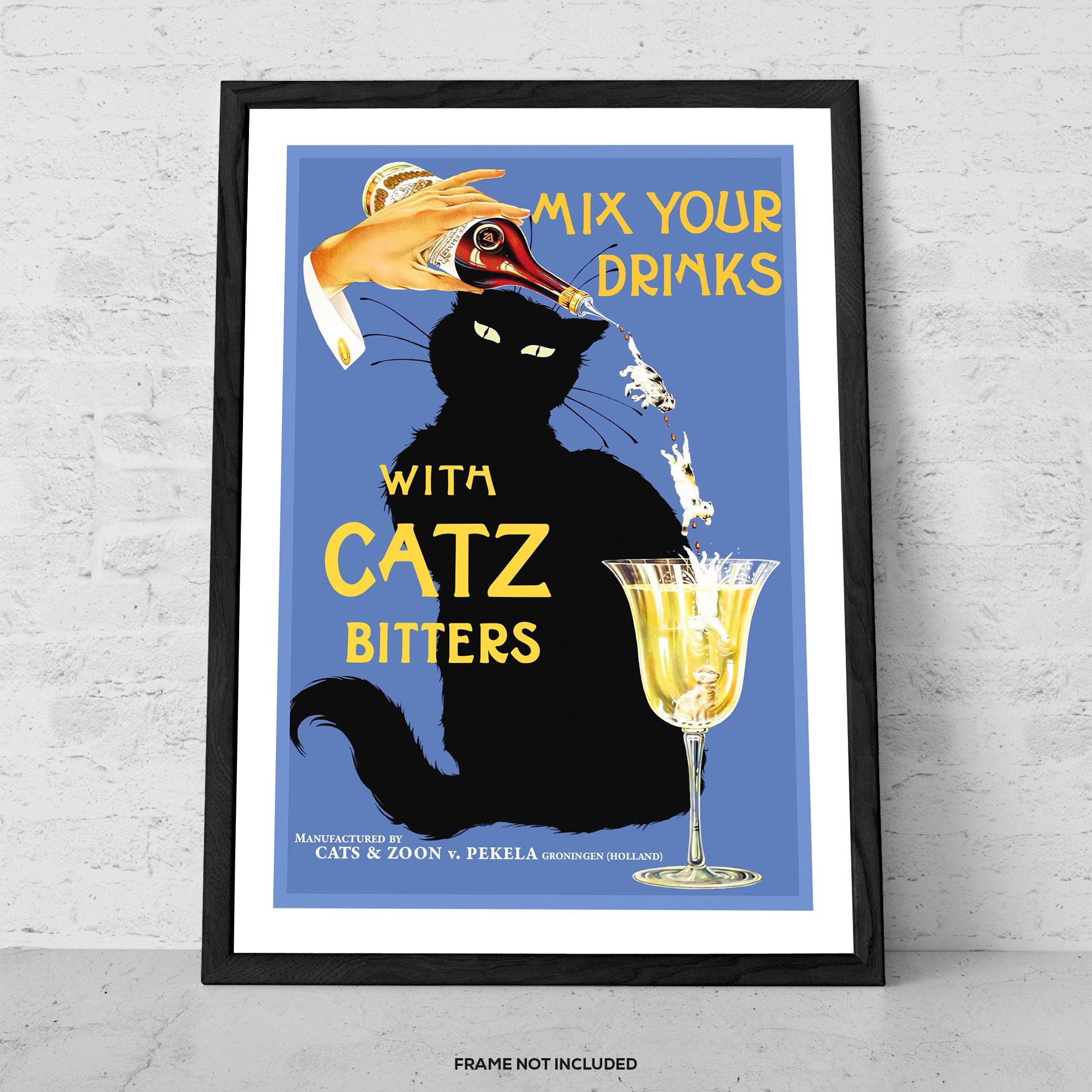 Mix Your Drinks With Catz Bitters – Art Print – Vintage Black Cat