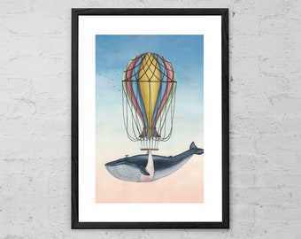 Whale and Bird - Watercolor Painting - Nursery Decor - Surreal Art - Surreal Painting - Whale Print - Whale Decor - Air Balloon - Whale Art