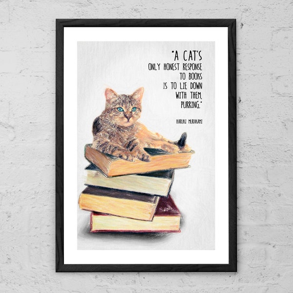 Cat Quote By Haruki Murakami - Art Print - Murakami Quotes - Cat Lover Gift - Cat Poster - Cat Drawing - Literary gifts - Literary Quotes