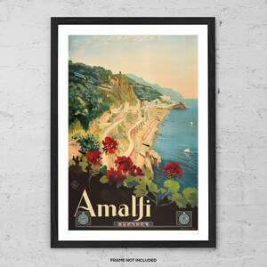 Impressão artística da Costa Amalfitana, pôster de viagem vintage da Itália, arte de parede retrô da Amalfi, decoração da Riviera Italiana, arte de paisagem mediterrânea