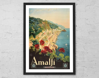 Amalfi Coast Art Print, Vintage Italy Travel Poster, Retro Amalfi Wall Art, Italian Riviera Decor, Mediterranean Landscape Artwork