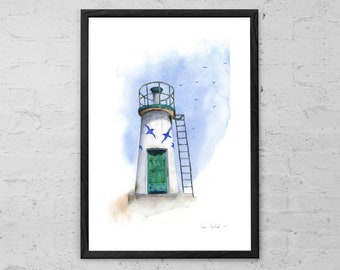 Le Phare - Watercolor Painting - Lighthouse Art Print - Ocean Art Print - Watercolor Print - Nautical Decor - Coastal Wall Art - Beach Decor