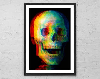 Impression d'art tête de mort psychédélique Chromagnon - affiche squelette trippy, décoration murale anatomie colorée, oeuvre d'art horreur surréaliste, art gothique néon